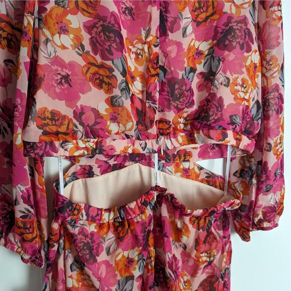 Julia Jordan Pink Floral V-Neck 3/4‎ Sleeve Cut-Out Midi Dress Size 12 NWT - Picture 9 of 14